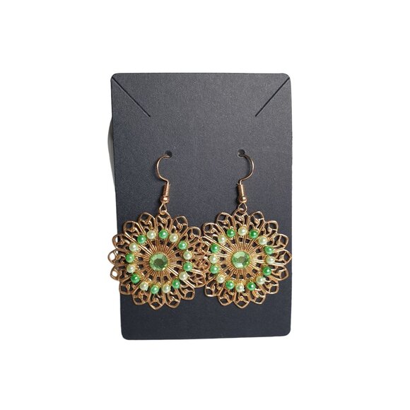 Gold Tone Filigree Dangle Rhinestone Vintage Earrings Women Jewelry Green - Picture 3 of 3